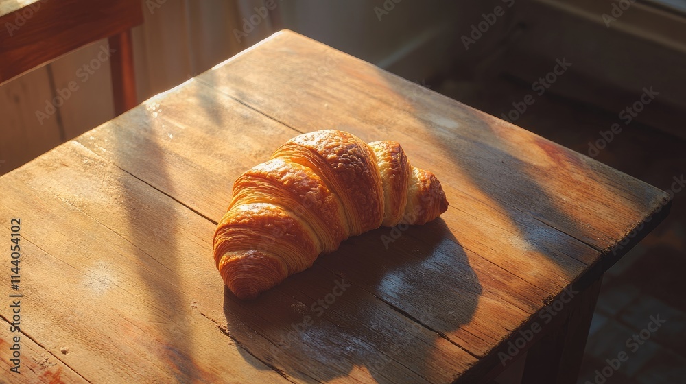 Aufkleber Golden flaky croissant resting on rustic wooden table illuminated by warm sunlight enhancing its texture and color