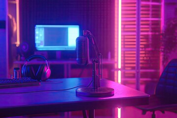 Contemporary recording studio with glowing neon lights and ring lamp with video camera mixer and computer with columns