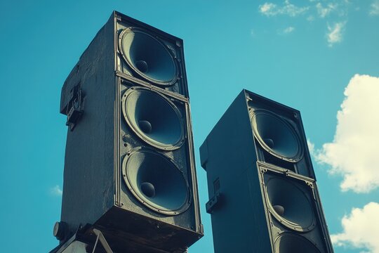 Towering stack of powerful speakers against a dramatic sky, exuding energy and force.