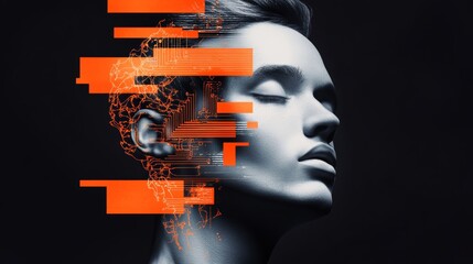 A man's face is shown with a computer chip design. Concept of technology and artificial intelligence