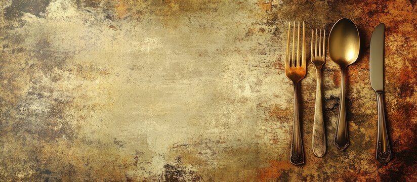Elegant gold place setting with cutlery on textured vintage background featuring blank menu for dining and event design concepts.