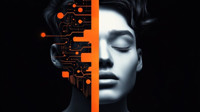 A woman's face is split in half, with the left half being orange and the right half being black. The image is a representation of the idea of technology and its impact on humanity