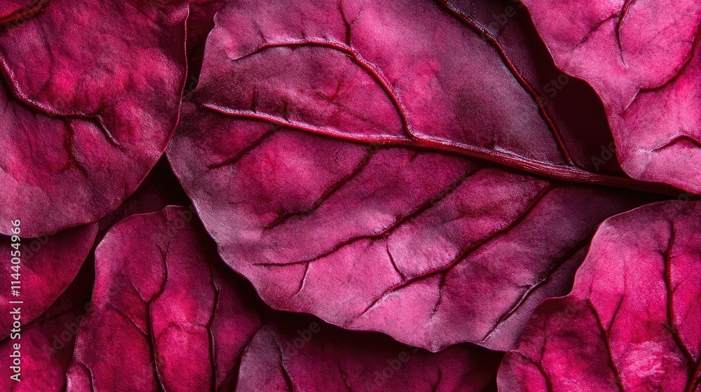 Poster Beetroot leaf texture closeup displaying rich purple hues and intricate vein patterns against a soft blurred background for natural food themes.