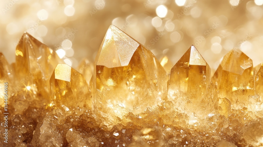 Poster golden crystal formation with sparkling bokeh background creating an elegant and luxurious atmospher