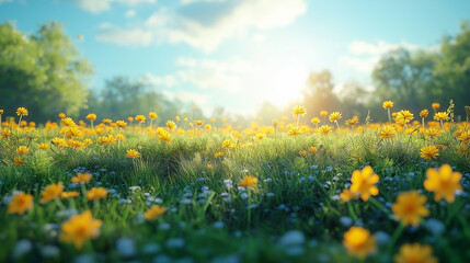 Fototapeta premium Colorful Flower Field with a Blue Sky