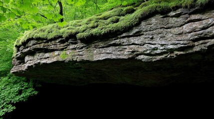 Overhanging Rock with Moss: A weathered rock formation draped in vibrant green moss, creating a natural archway amidst lush foliage. The dark opening beneath invites exploration and wonder.