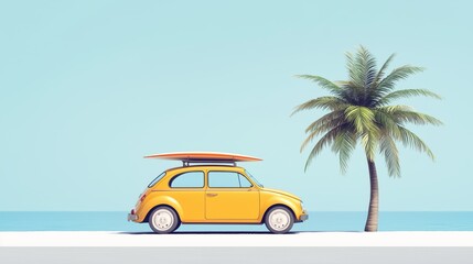 Cheerful Yellow Car Parked by a Palm Tree Under a Clear Blue Sky for a Relaxing Beach Vibe