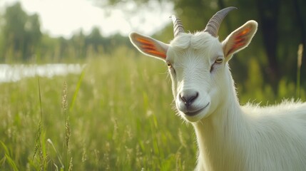 Obraz premium Closeup portrait of a white goat in a lush green pasture with soft natural lighting and serene background atmosphere.