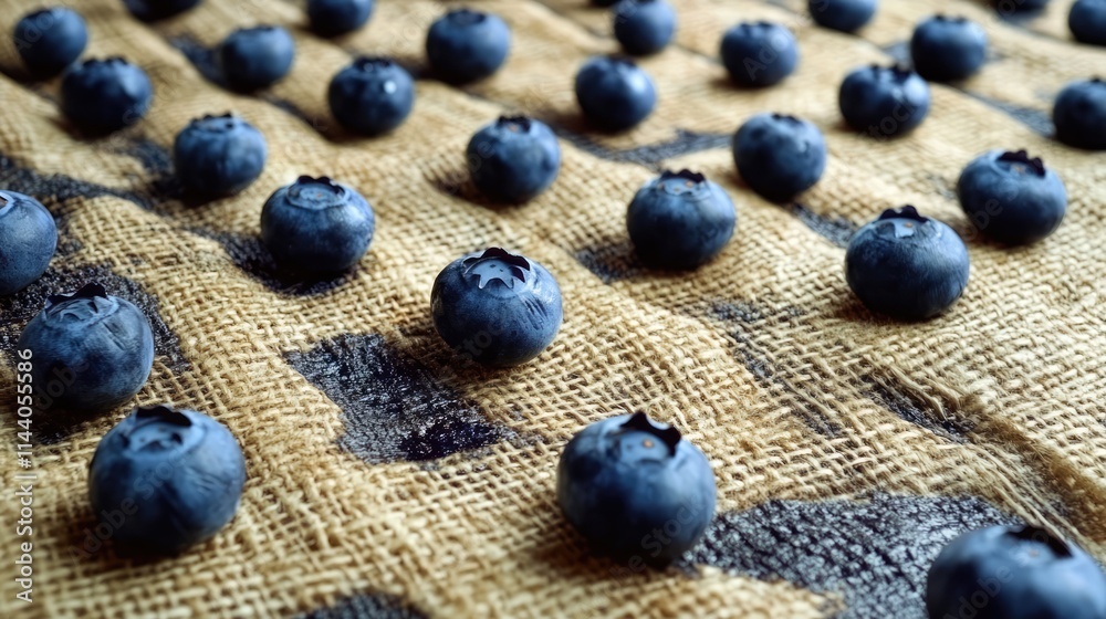 Aufkleber fresh blueberries arranged on burlap surface with rustic wooden planks in background showcasing natu