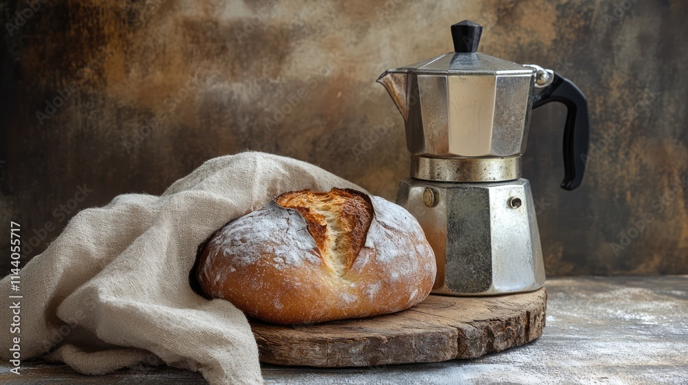 Aufkleber freshly baked bread and coffee maker on rustic wooden table with textured backdrop
