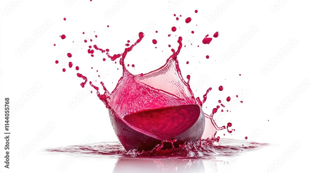 Aufkleber Beetroot juice splash captured in high-speed motion against a white background showcasing vibrant color and dynamic movement