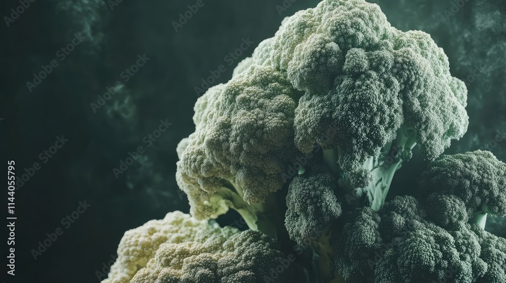 Poster Broccoli florets with textured surface showcasing freshness and vibrancy in a dark moody background for culinary or health concepts