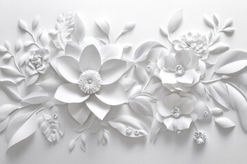 Elegant white paper flowers and leaves arrangement with pearl accents on white background.
