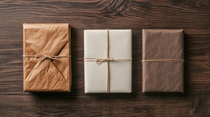 Fototapeta premium Handmade gift boxes wrapped in kraft paper on wooden background flat lay with copy space for greeting card or seasonal messages