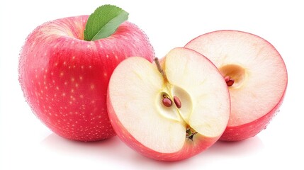 Red apple with droplets of water on a white background showcasing whole and sliced apple revealing juicy interior and seeds.