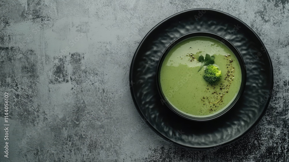 Aufkleber broccoli soup served in a black plate garnished with herbs against a textured gray background for cu