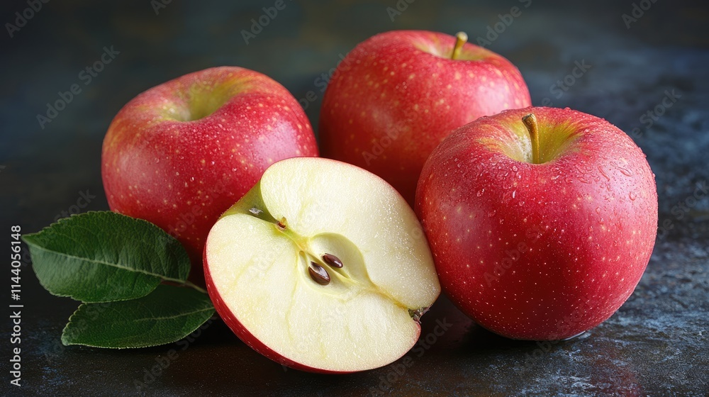 Poster juicy red apples with a sliced apple and leaves on a dark textured background showcasing freshness a