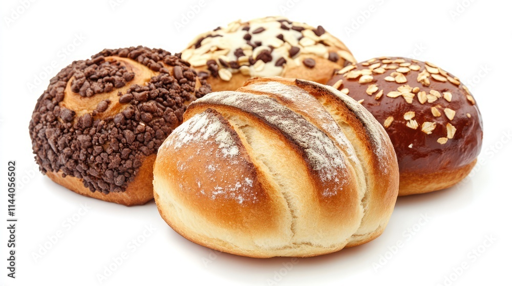 Poster assorted fresh bread rolls with chocolate and nut toppings on a white background showcasing variety 
