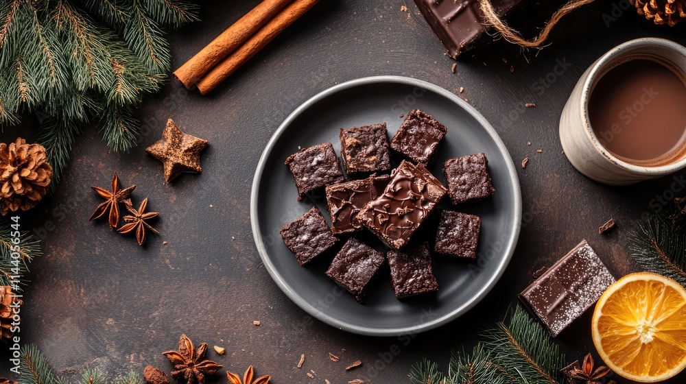 Poster brownie pieces on a gray plate surrounded by hot chocolate and festive decorations on a rustic table