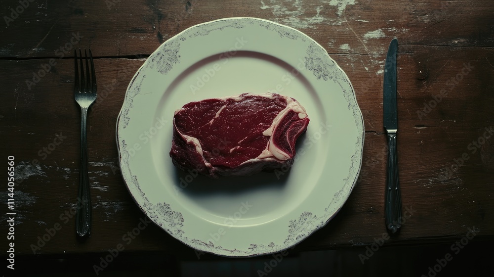 Poster raw beef steak on decorative plate with knife and fork on rustic wooden table top