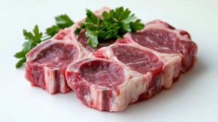 Fototapeta premium Organic raw meat with fresh herbs and spices arranged attractively on a clean surface for culinary presentation and food photography