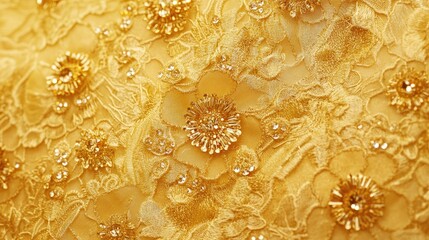 Luxurious gold lace adorned with rhinestones showcasing elegance ideal for fashion or jewelry backgrounds and themes