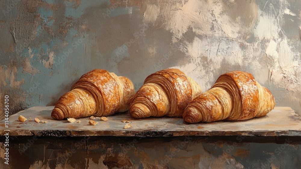 Aufkleber freshly baked buttery croissants arranged on rustic tile backdrop showcasing artisanal texture and w