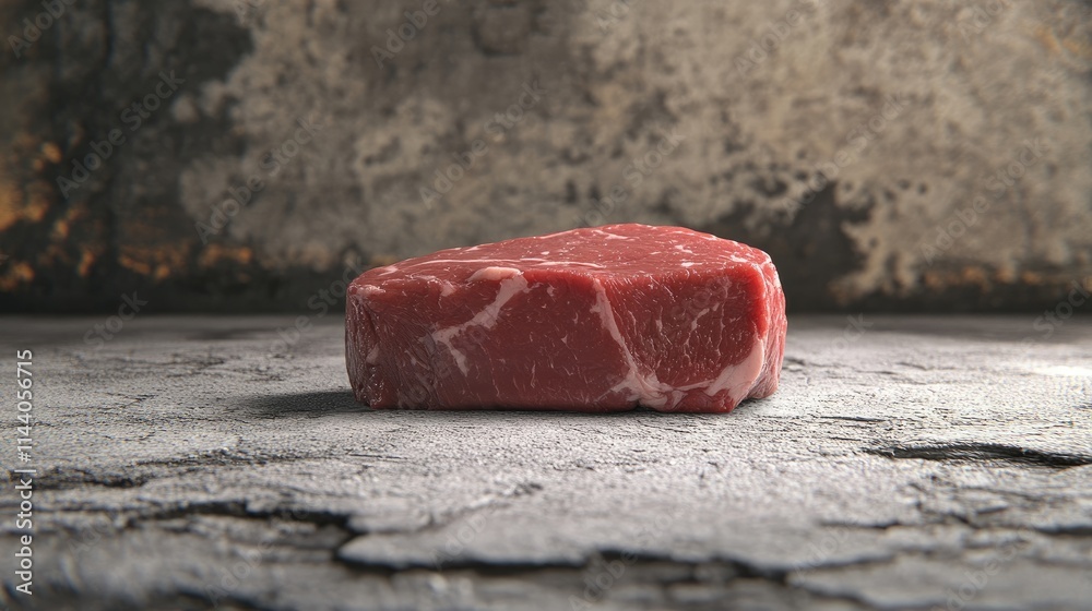 Poster Raw beef steak on textured concrete surface showcasing marbling and freshness in a rustic culinary setting