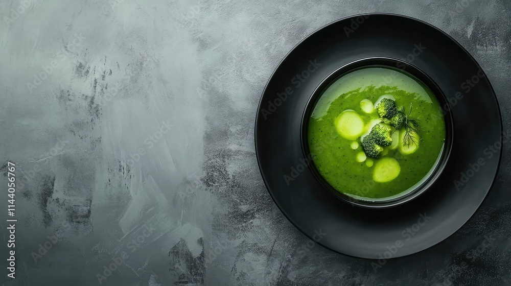 Poster broccoli soup served in a black plate with a smooth texture against a stylish gray background showca