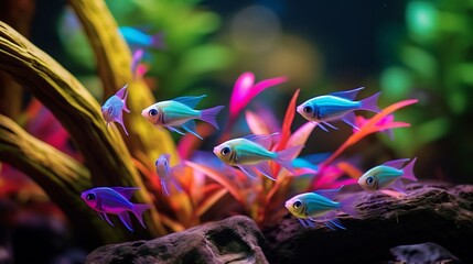 Glowing neon tetras swimming together in a freshwater aquarium with a natural underwater backdrop  The vibrant and luminous school of fish creates a mesmerizing and colorful aquatic scene