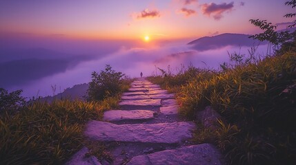 Person ascending stone steps towards a vibrant sunset over a misty mountain range.