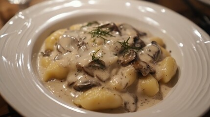 Gnocchi in a rich creamy mushroom tarragon sauce served on a white plate ideal for gourmet culinary presentations