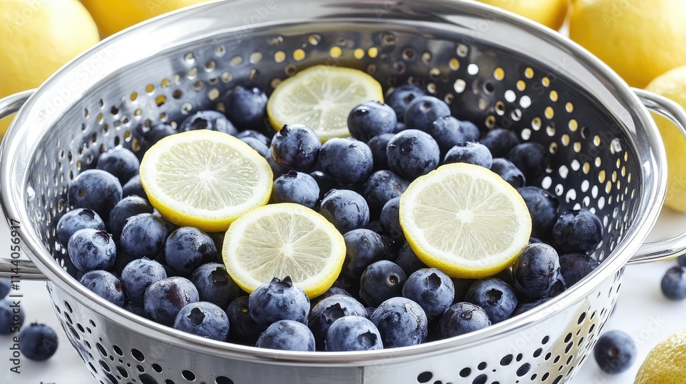 Poster fresh blueberries and lemon slices in a colander on a white background showcasing vibrant colors and