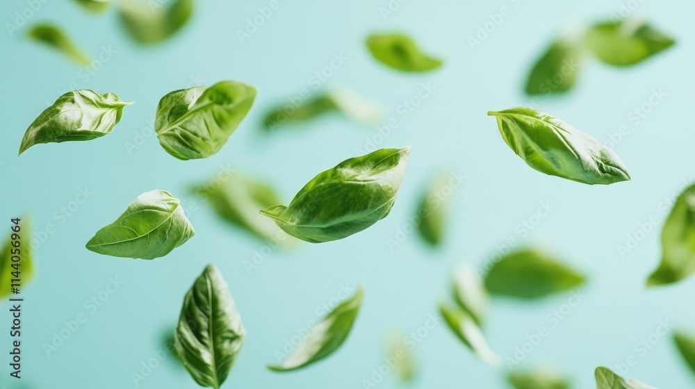 Poster Fresh basil leaves floating against a soft blue background creating a vibrant and aromatic culinary atmosphere for food-related designs.