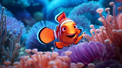 Captivating image of a vibrant clownfish swimming gracefully among the colorful sea anemones in a thriving coral reef ecosystem