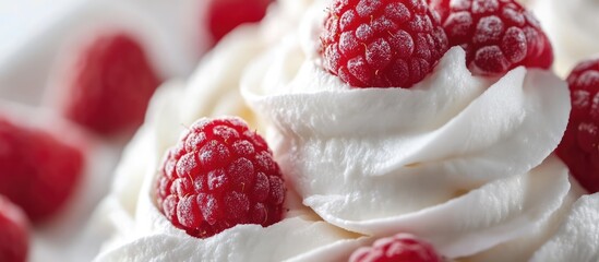 Delicate dessert composition with fresh raspberries and creamy whipped topping on a soft background...