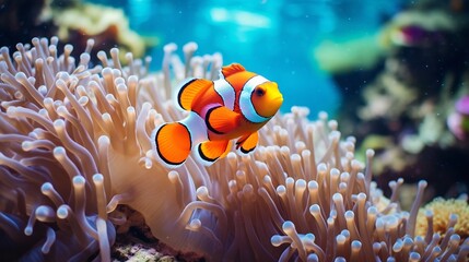 Vibrant Clownfish Swimming Among Vibrant Sea Anemones in a Lush Coral Reef Underwater Landscape  Tropical Marine Life in a Diverse Aquatic Ecosystem