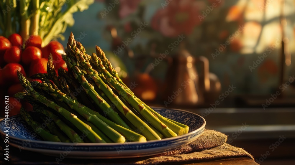 Poster Vibrant freshly harvested asparagus on a rustic table setting with colorful background and kitchen items in soft lighting