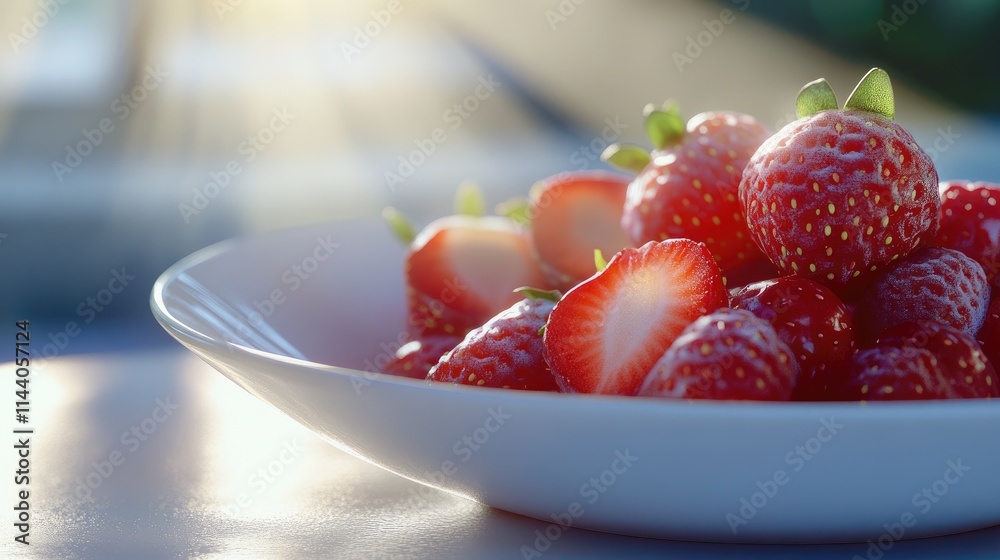 Poster fresh strawberries in a white dish illuminated by soft sunlight highlighting their vibrant color and