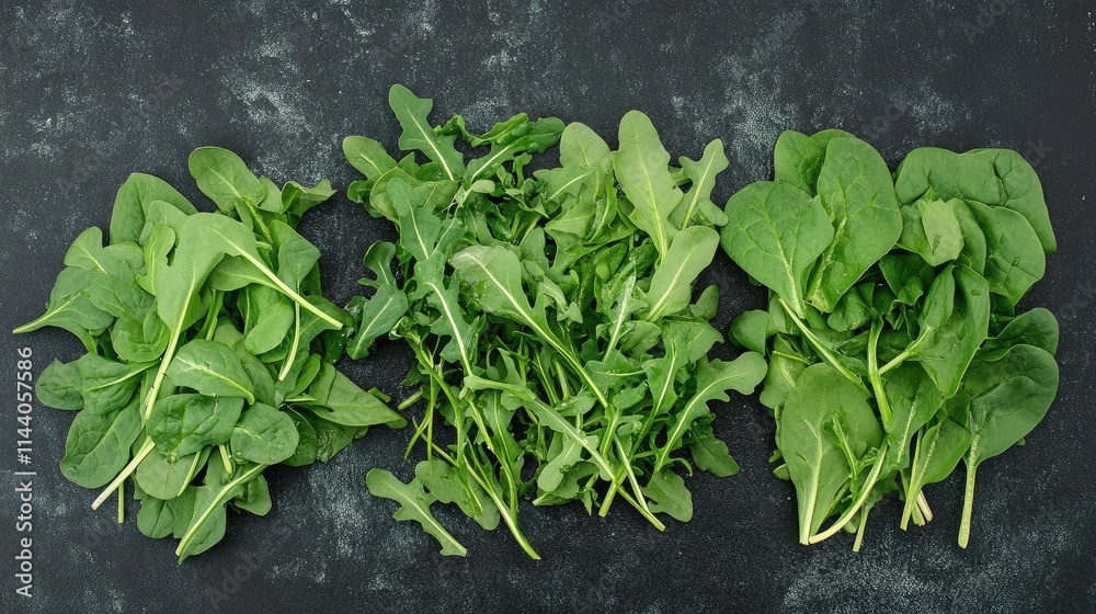 Aufkleber fresh arugula and spinach leaves arranged on a dark textured surface showcasing vibrant green colors