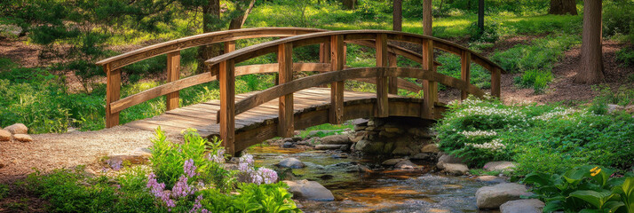 Fototapeta premium Tranquil Wooden Bridge over a Stream in Nature