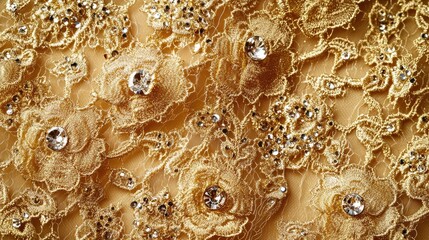 Luxurious gold lace adorned with shimmering rhinestones perfect for elegant backgrounds in fashion and jewelry concepts