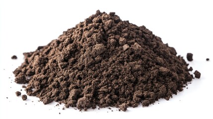 Dark brown soil mound isolated on white background for gardening and agricultural concepts, showcasing texture and organic material.