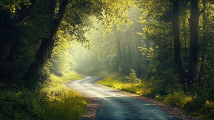 Obraz premium Serene winding road through sunlit forest greenery inviting exploration and connection with nature