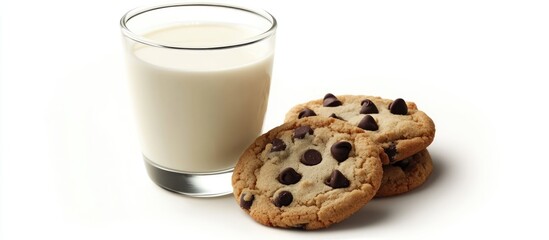 Glass of milk and chocolate chip cookies on a white background ready for a cozy snack or dessert moment