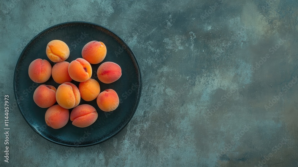 Aufkleber ripe fresh apricots arranged on a black plate from above with a textured backdrop and ample copy spa