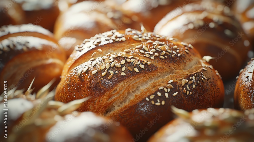 Poster freshly baked artisan buns topped with sesame seeds arranged in a warm, inviting display for bakery 