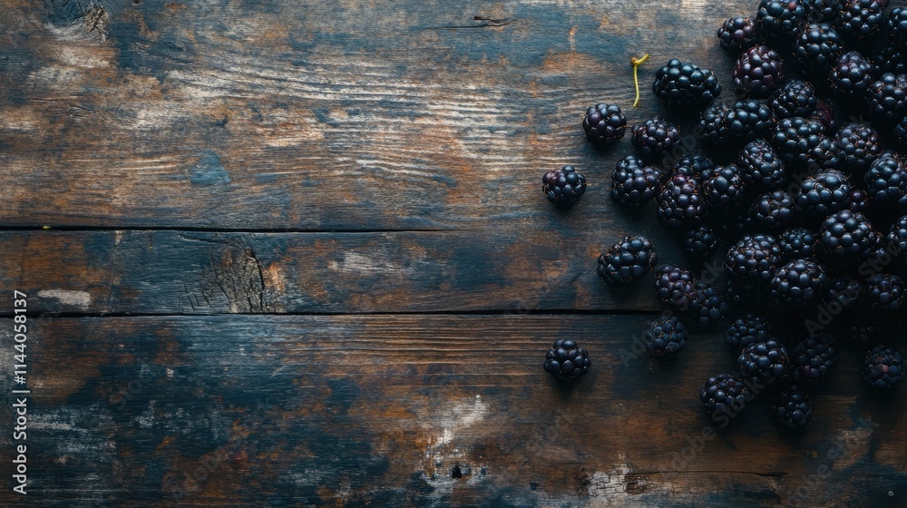Poster freshly harvested blackberries arranged on a rustic wooden table showcasing their vibrant color and 