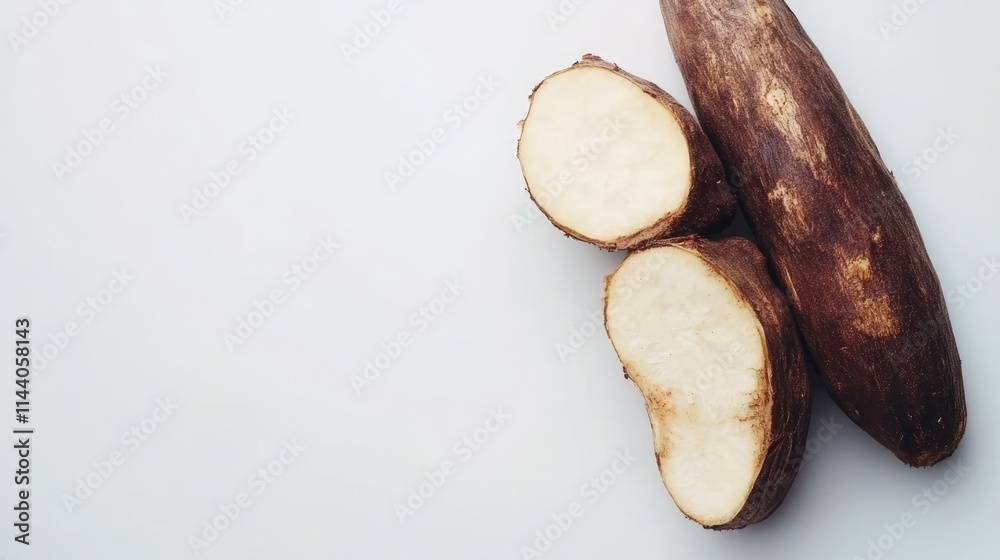 Poster Fresh cassava root and half isolated on a clean white background highlighting its texture and natural color for culinary use.