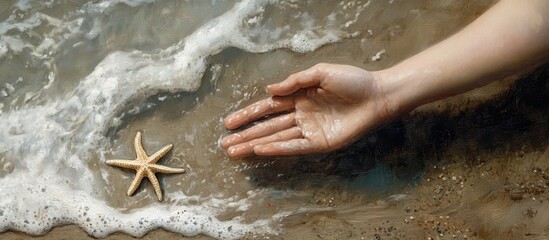Fototapeta premium Hand reaching towards a starfish on a sandy shore with gentle ocean waves in the background illustrating beach tranquility and nature connection.